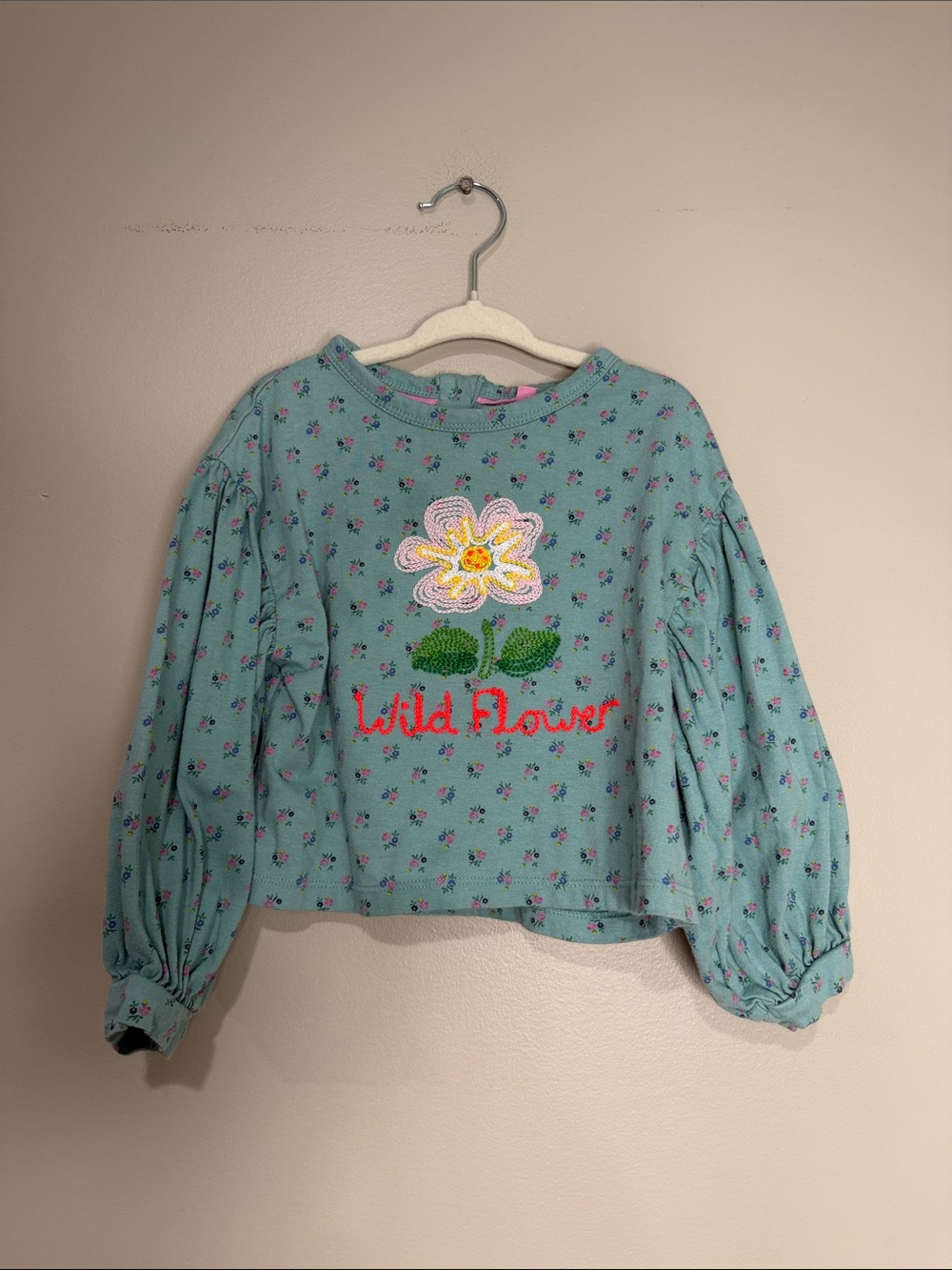 Mini Boden Turquoise Floral "Wild Flower" Embroidered Sweatshirt 2-3Y